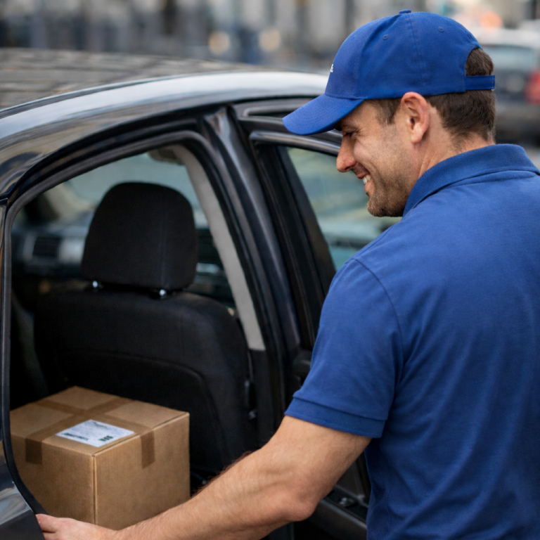 Courier loading parcel into car for direct same-day delivery in Surrey
